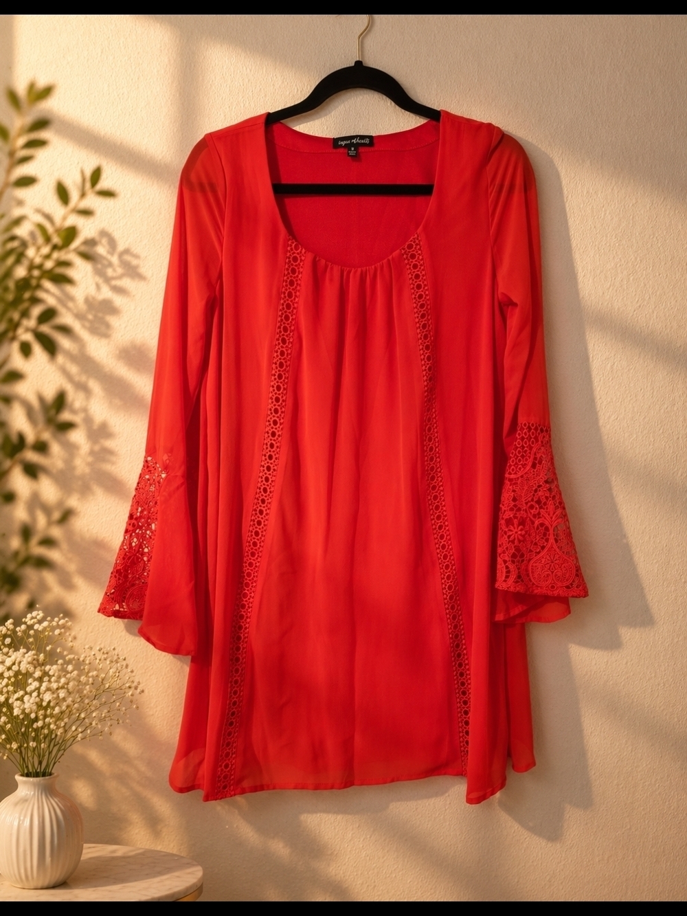 Sequin Hearts Red Lace-Trim Long Sleeve Tunic